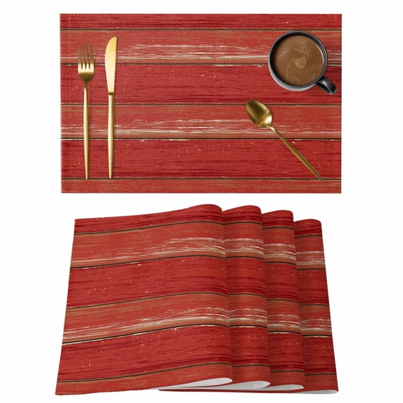 Red Wood Grain Placemats Set of 8, Farmhouse Vintage Wooden Rustic Planks Placemats for Dining Table, Place Mats for Kitchen Tabletop, Waterproof Wipeable Dining Table Mats Set