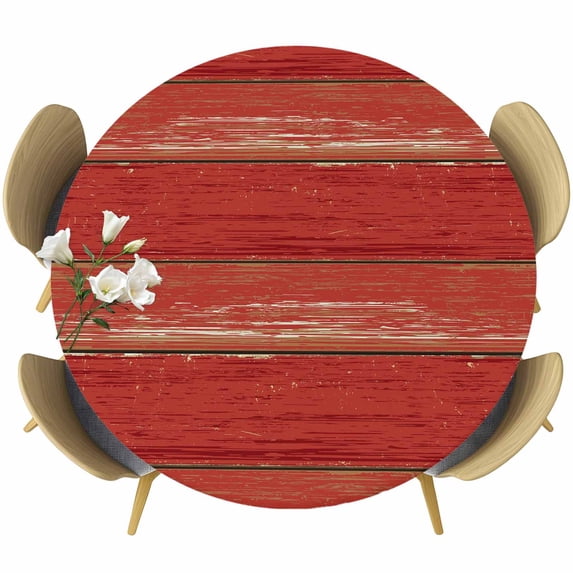 Red Wood Grain Round Tablecloth, Fitted Table Cover with Elastic for 55"-60" Round Tables, Farmhouse Vintage Wooden Rustic Planks Table Cloth Outdoor Indoor Dinning Party Waterproof Tablecloths