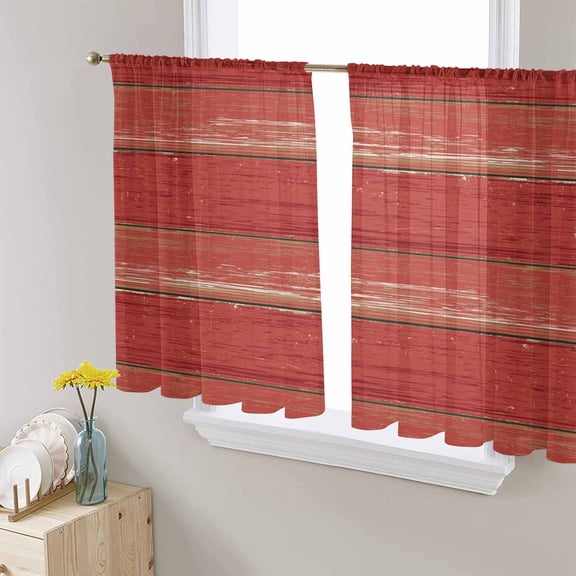 Red Wood Grain Sheer Curtains 54 Inches Length 2 Panels Set, Window Sheer Curtains for Living Room/Bedroom, Farmhouse Vintage Wooden Rustic Planks Light Filtering Rod Pocket Curtain 52'' x 54'' x 2