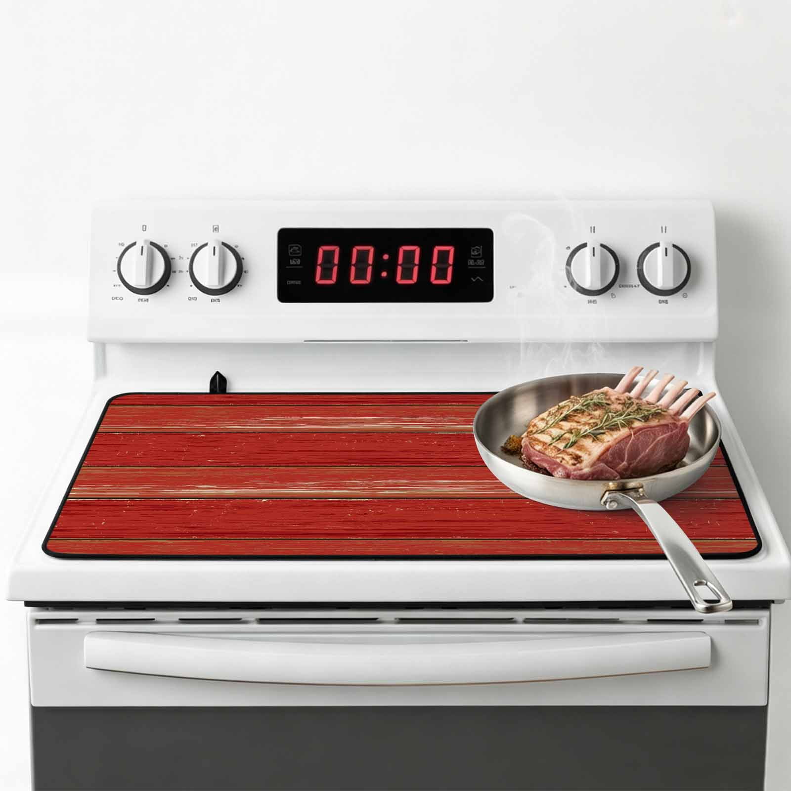 Red Wood Grain Stove Top Cover for Electric Stove, Heat-proof & Non Slip Glass Top Stove Cover Protector, Farmhouse Vintage Wooden Rustic Planks Kitchen Flat Cooktop Rubber Mat 31x24 Inches