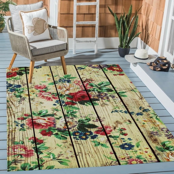 Red Wood Texture Pattern Floral Modern Outdoor Rug 3x4ft Waterproof Patio Balcony Backyard Deck Garden Outside Large Carpet Machine Washable Boho Porch Area Rug Front Door Mat