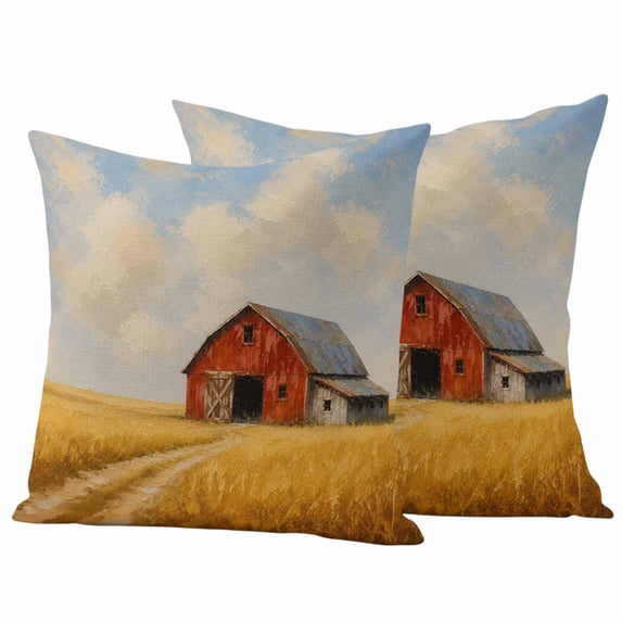 Red Wooden Barn Outdoor Waterproof Pillow Covers, Farmhouse Wheat Field ...