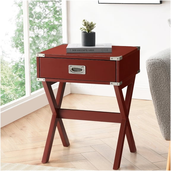 Red Wooden End Table with Drawer, Rustic Farmhouse Nightstand for Bedroom, Living Room, Home Office