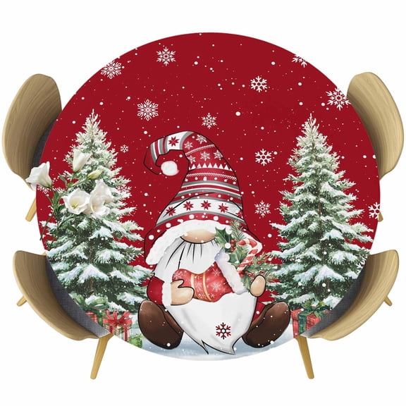 Red Wooden Gnomes Christmas Round Tablecloth, Fitted Table Cover with Elastic for 36"-44" Round Tables, Xmas Tree Snowflakes Winter Table Cloth Outdoor Indoor Dinning Party Waterproof Tablecloths