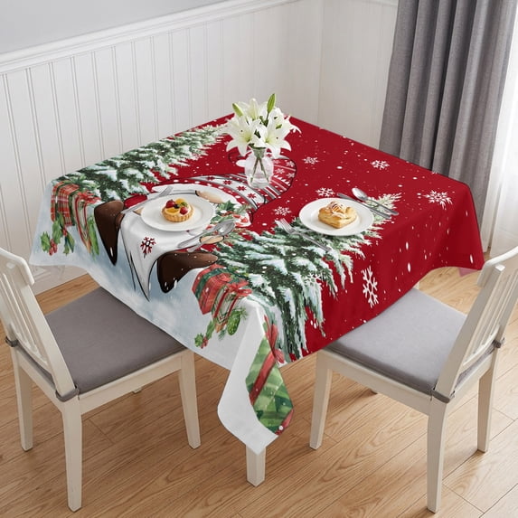 Red Wooden Gnomes Christmas Table Cloth Waterproof Tablecloths, Xmas Tree Snowflakes Winter Tablecloth Dining Table Cover for Kitchen Party Tabletop Outdoor, Square Tablecloth 60x60 Inch