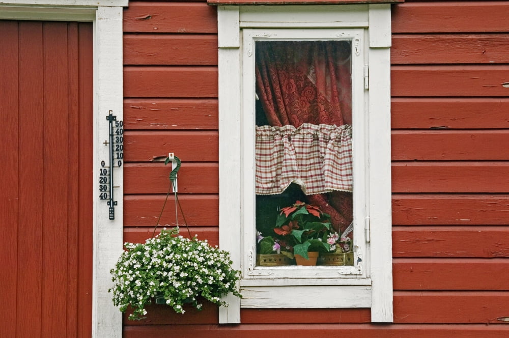 Red Wooden House With Plants In And By Window Close Up Canvas Art - Chris Parker Design Pics (19 x 12)