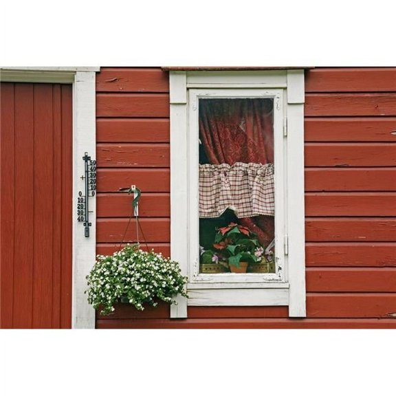 Red Wooden House with Plants In & By Window, Close Up Poster Print, 19 x 12