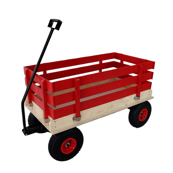 Red Wooden Kids Pull Wagon with All-Terrain Wheels, Heavy-Duty Outdoor Cart for Toddlers, Portable Toy Wagon Ideal for Beach, Camping, Garden and Backyard Fun