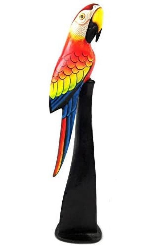 Red Wooden Parrot Sculpture Statue on Post Stand Handmade Tropical African Parrot Head Art
