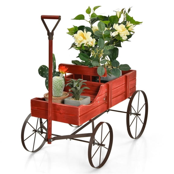 Red Wooden Wagon Planter w/ Wheels, Outdoor Flower Cart for Garden/Patio Decor, Fir Wood, 24.5"