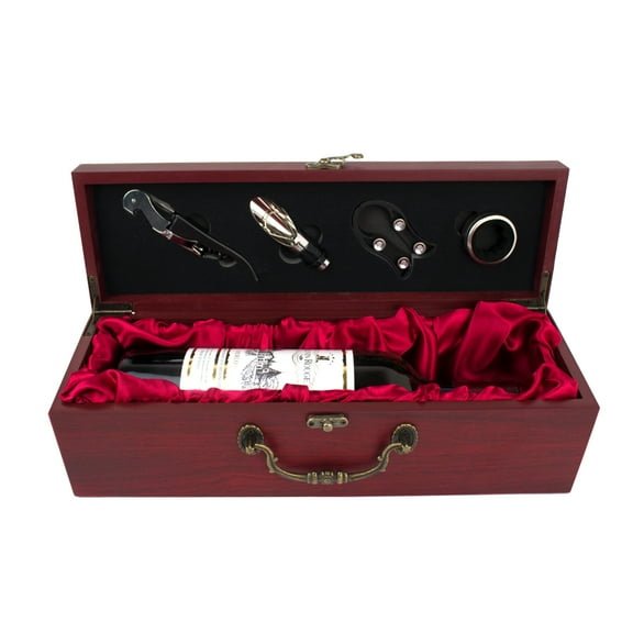 Red Wooden Wine Box with Tools - Accessories include Corkscrew, Stopper, Spill Collar, and Plastic Foil Cutter - Novelty Gift for Wine enthusiasts