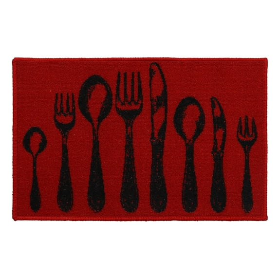 Red Wool-Effect Kitchen Mat with Chic Cutlery Print 32 x 20 Inches