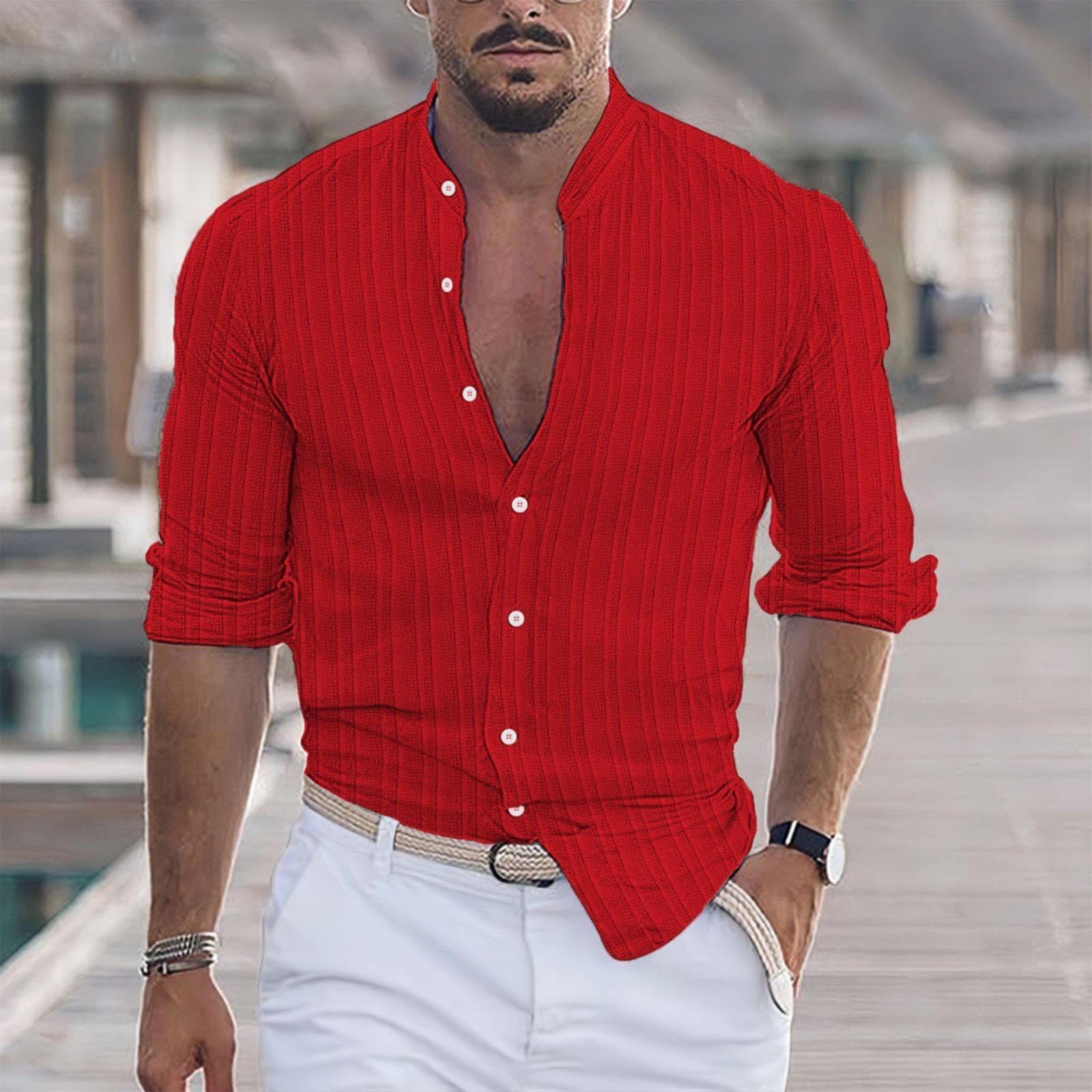 ZEROYAA Men's Mandarin Collar Shirt - Gold Embroidery, Slim Fit Long Sleeve, Casual Dress Shirt, Large Red