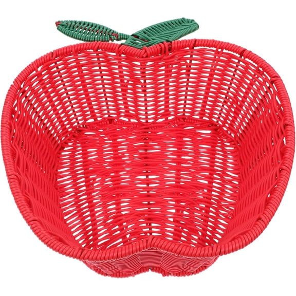 Red Woven Apple Basket for Fruit, Snacks, and Candy - Handcrafted Rattan Design, Eco-Friendly Plastic, 10.62x8.07x3.74 Inches, Ideal for Home Decor and Kitchen Counter Storage