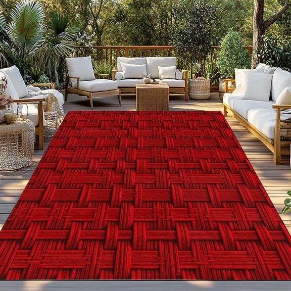 Red Woven Basket Indoor Outdoor Rugs 4x6 Ft, Rustic Abstract Minimalist Textured Lattice Outdoor Patio Rug Mat Washable Outside Area Rugs Carpet for Porch Deck RV Camping Pool Balcony Backyard