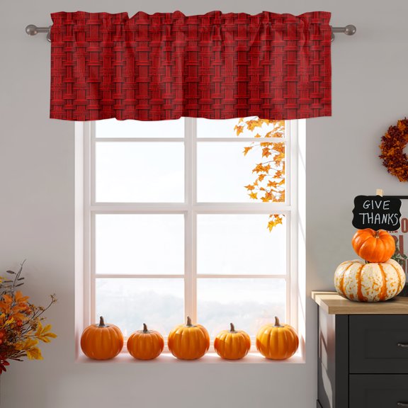 Red Woven Basket Valance Curtain 1 Panel, Rustic Abstract Minimalist Textured Lattice Kitchen Valance with Rod Pocket Window Treatment Short Curtains for Bathroom Bedroom, 42 x 12 Inches