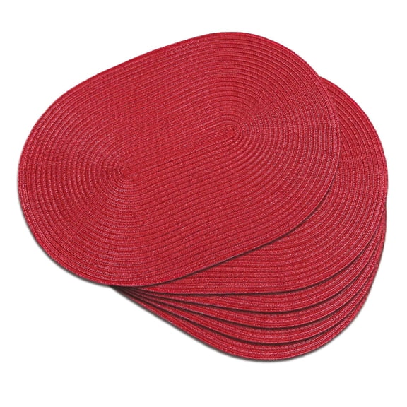 Red Woven Oval Placemats Set of 6, 12 x 17.5 Inch Braided Polyester Table Mats for Kitchen, Dining Table, Dining Room, Holiday Table Decor and Everyday Meals