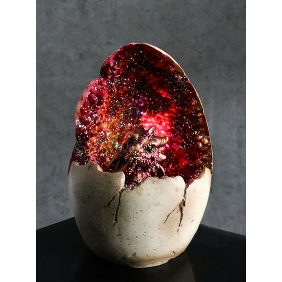 Red Wyrmling Dragon In Crystal Quartz Geode Egg Figurine With Colorful LED Light