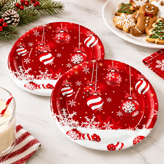 Red Xmas Ball 50 Count 9 Inch Disposable Round Paper Plates for Winter Holiday Party Supplies