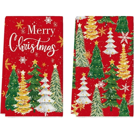 Red Xmas Trees Merry Christmas Kitchen Towels Dish Towels, 18x26 Inch Daily Star Snowflake Winter Decoration Hand Towels Set of 2
