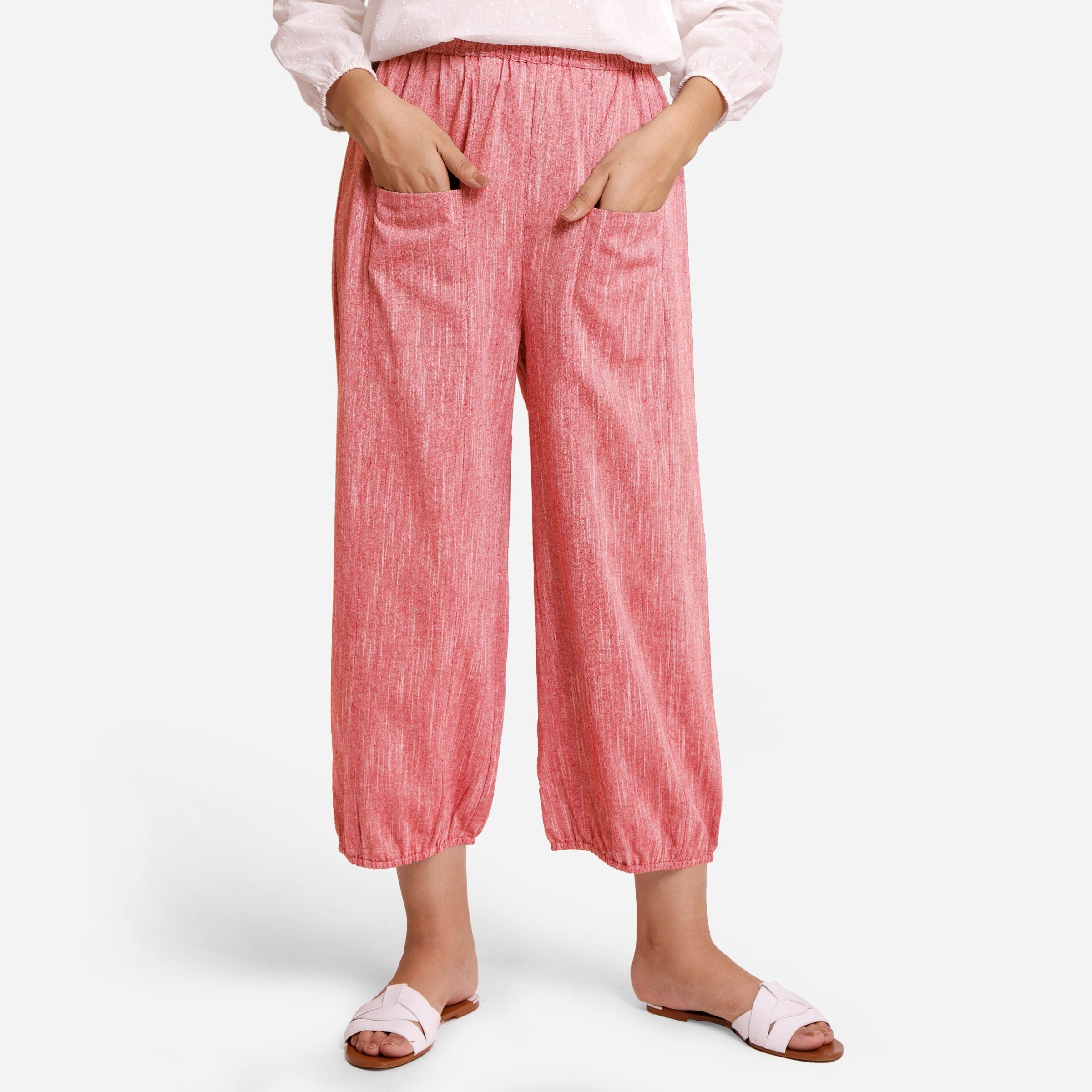 Red Yarn Dyed Cotton Elasticated MidRise Harem Pant