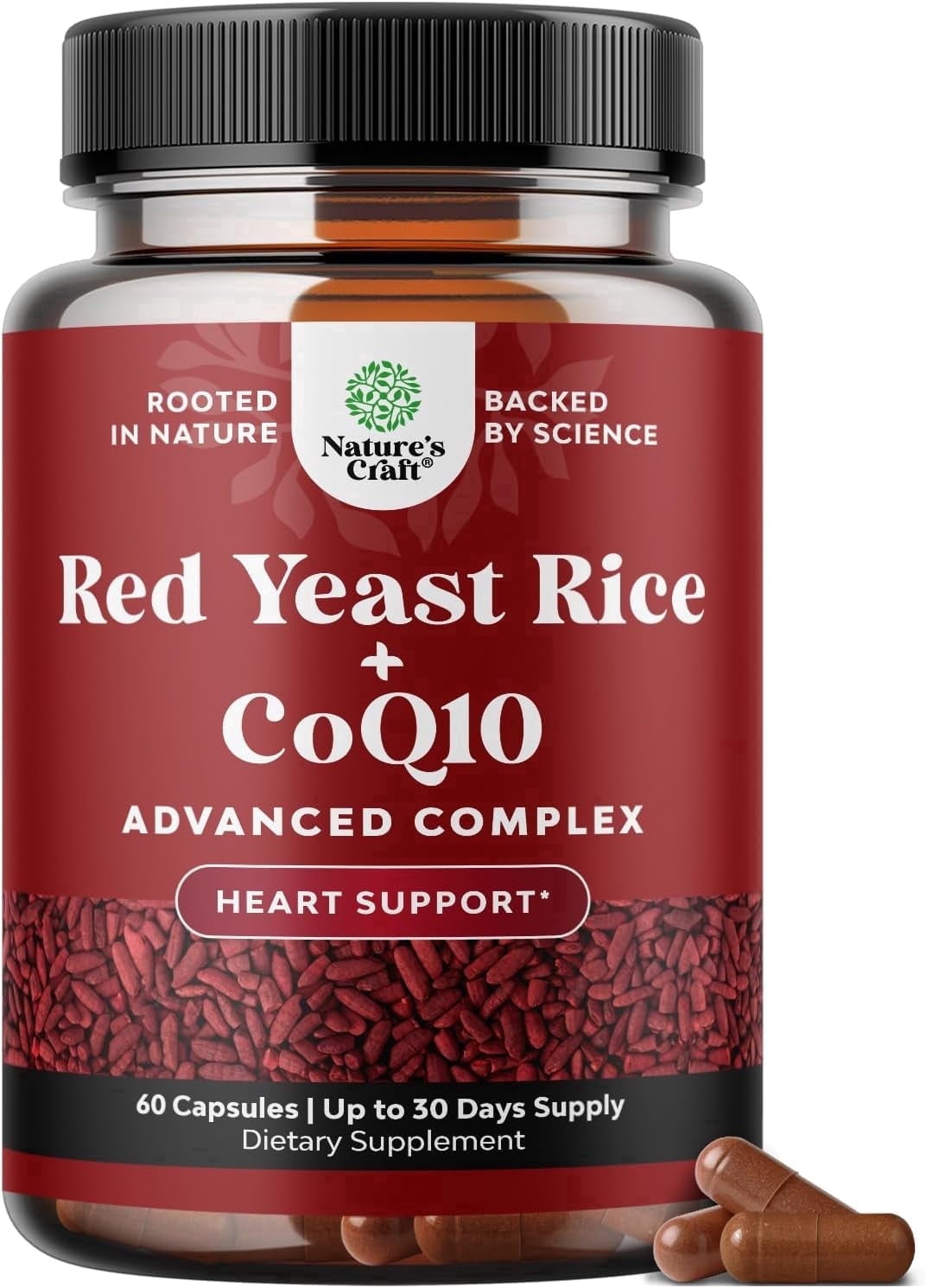 Natures Craft Red Yeast Rice Capsules 1200mg with CoQ10 100mg, Heart Health Supplement, 60 Count