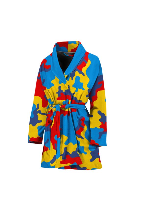 Red Yellow And Blue Camouflage Women Bathrobe One Size Univeral Fits Fashion Lightweight Plush Fleece Long Robe For Women