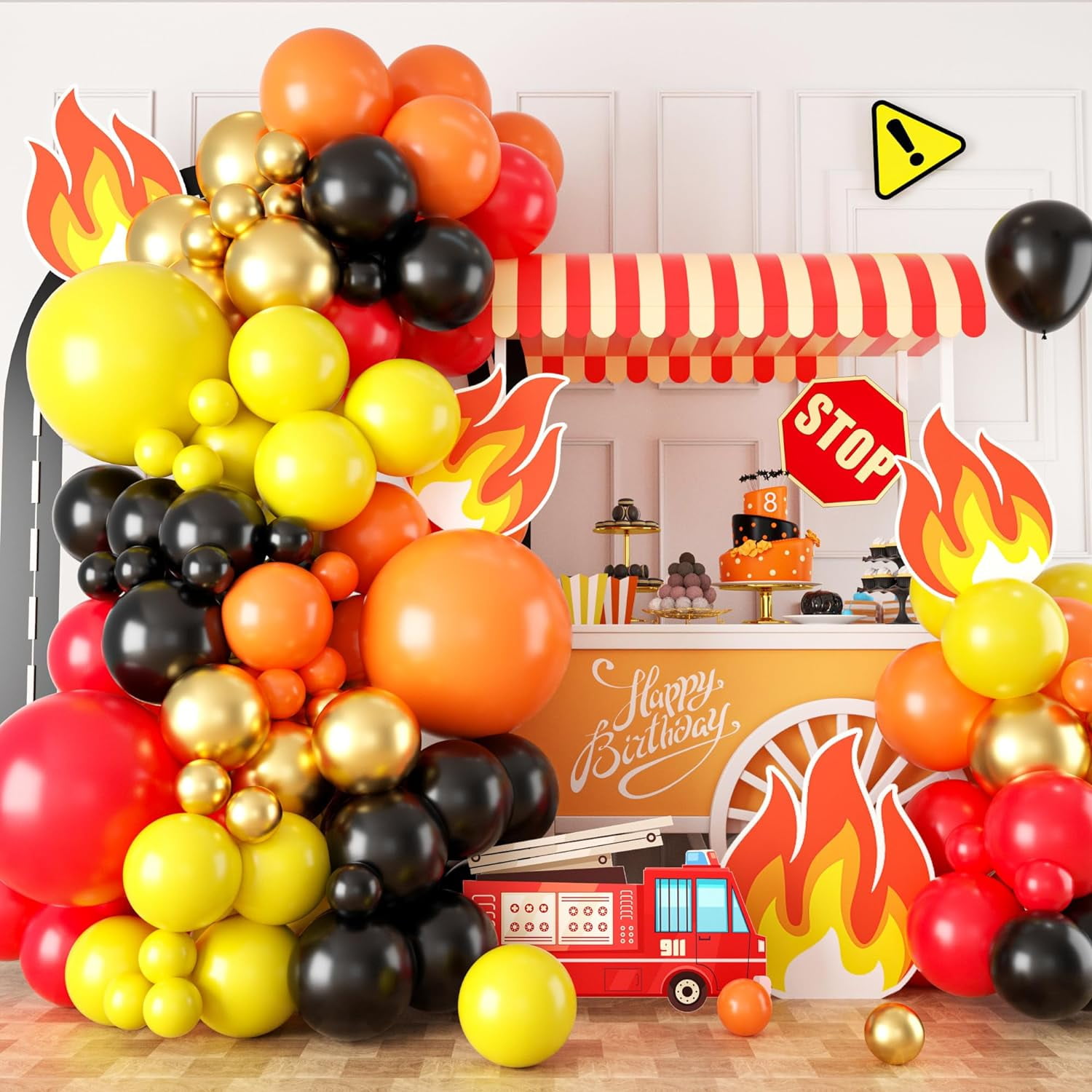 Red Yellow Black Balloon Arch, Fire Truck Balloon Garland For ...