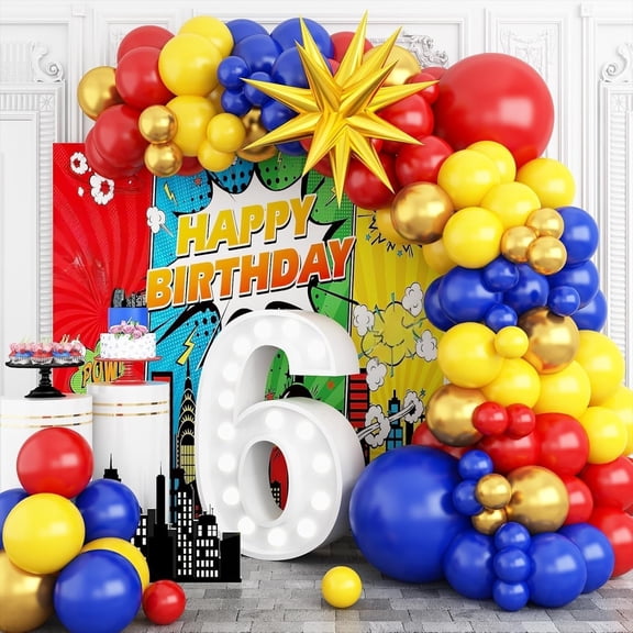 Red Yellow Blue Balloons Garland Kit, Carnival Circus Balloon Arch with Blue Red Yellow Metallic Gold Balloons for Baby Shower Birthday, Gender Reveal Carnival, Video Game Themed Party