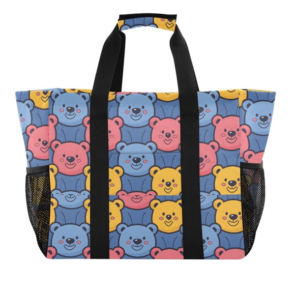 Red Yellow Blue Bears Face Reusable Grocery Bags with Handle Side Pocket Waterproof Shopping Portable Tote