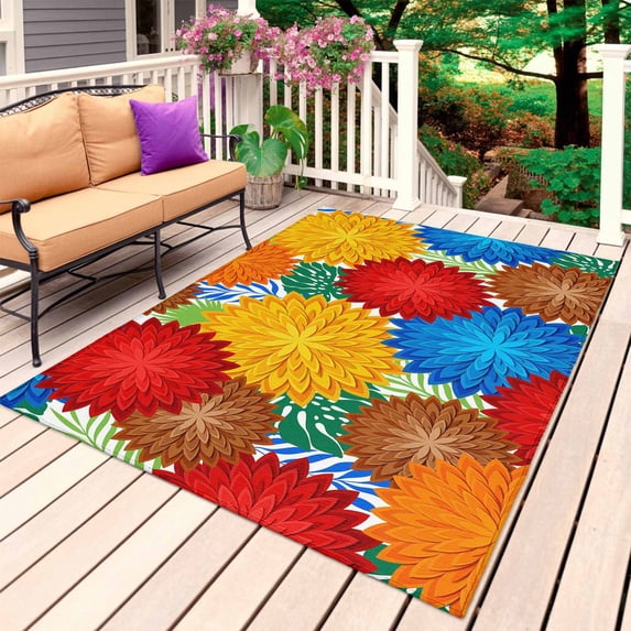 Red Yellow Blue Flowers Outdoor Rug for Patio/Deck/Porch, Non-Slip Large Area Rug 5 x 8 Ft, Boho Colorful Floral Plant Indoor Outdoor Rugs Washable Area Rugs, Reversible Camping Rug Carpet Runner