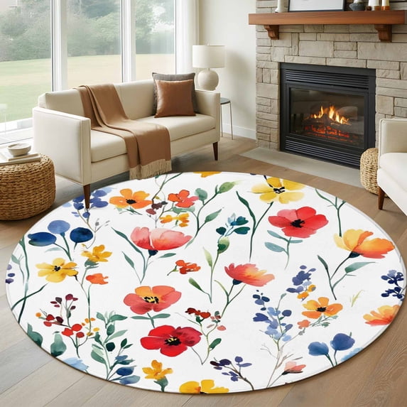 Red Yellow Blue Poppy Washable Round Area Rug 8 ft, Independence Day, Soft Non Slip Rugs Stain Repellent Indoor Felt Carpet for Living Dining Room Bedroom Home Office
