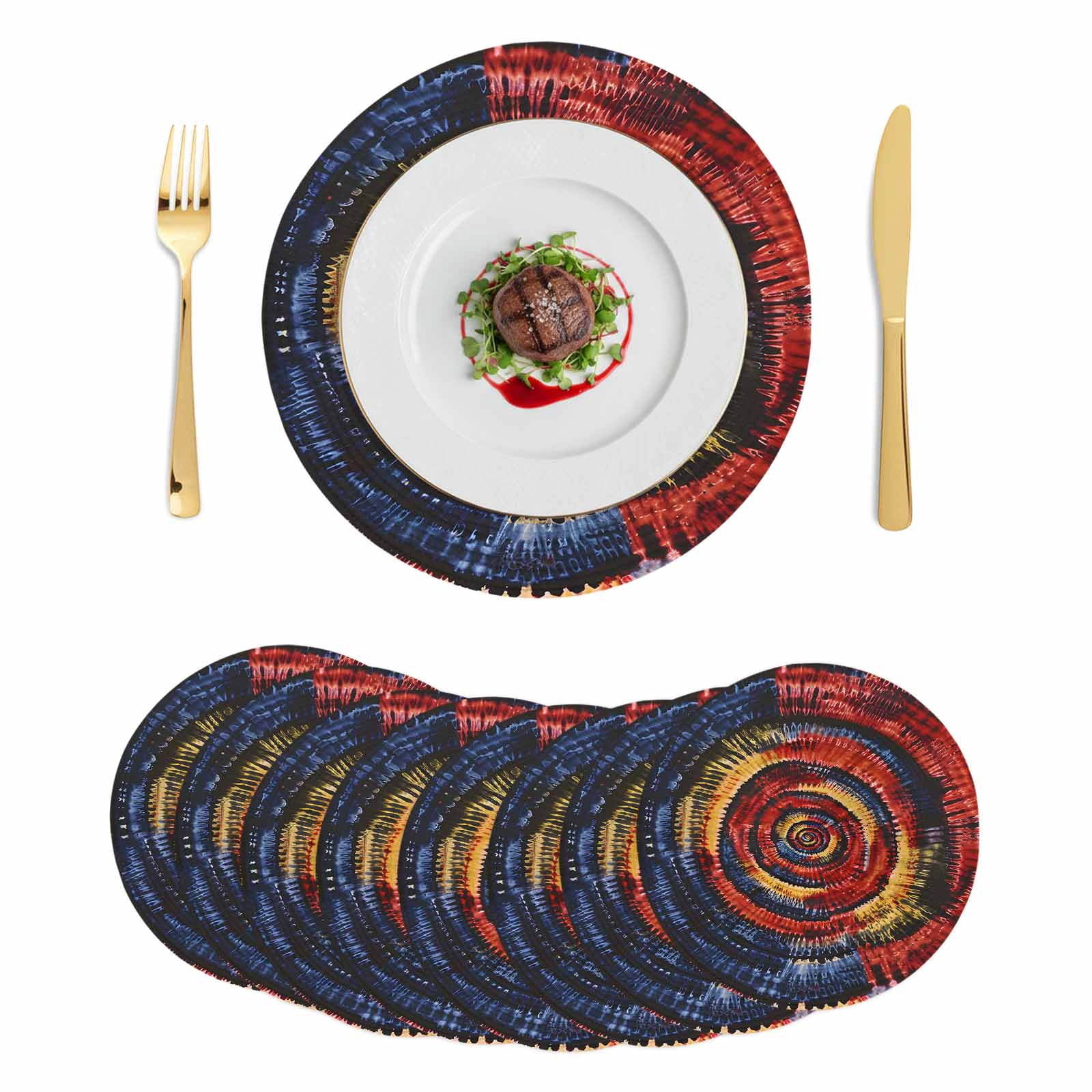 Red Yellow Blue Round Placemats Set of 8 Ethnic Geometric Art Modern Abstract Place Mats Indoor Woven Table Mats Washable Heat-Resistance Braided Dining Table Placemats for Kitchen Party 15 Inch