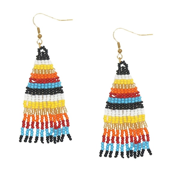 Red, Yellow & Blue Striped Miyuki Seed Bead Tasseled Drop Earrings