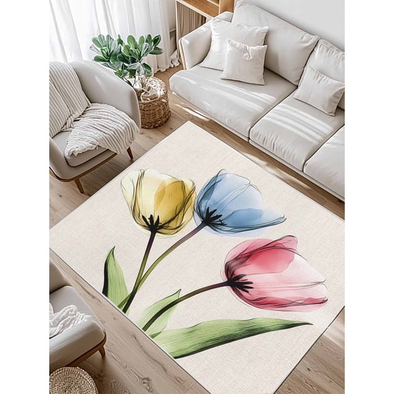 Red Yellow Blue Tulips Area Rug for Bedroom 2.7x5 Ft Transparent Floral Linen Retro Super Soft fuzzy Throw Rug Non-Slip Fluffy Plush Indoor Floor Carpet for Living Room Nursery Home Decor