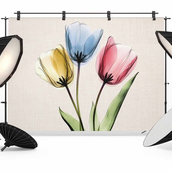 Red Yellow Blue Tulips Backdrop for Photography, Transparent Floral Linen Retro Photo Backdrop Portrait Background Party Banner Photo Backgrounds for Studio Booth Props, 10x8ft
