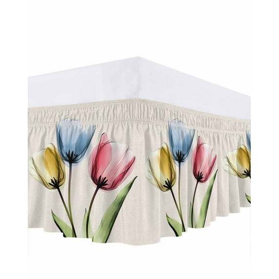 Red Yellow Blue Tulips Bed Skirt Queen Size 16" Drop Transparent Floral Linen Retro Ruffled Wrap Around Bed Skirts Adjustable Elastic Bedskirt Dust Ruffle for Queen Size Bed