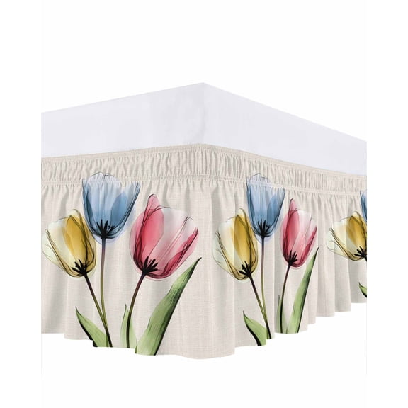 Red Yellow Blue Tulips Bed Skirt Queen Size 16 Inch Drop, Transparent Floral Linen Retro Wrap Around Dust Ruffle Bedskirts, Wrinkle & Fade Resistant Easy Fit Bedskirt with Adjustable Elastic