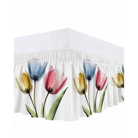 Red Yellow Blue Tulips Ruffle Bed Skirt Queen Size Transparent Floral Adjustable Elastic Dust Bed Skirts Wrap Around Bedskirt Wrinkle Free Easy Fit with 16 Inch Drop