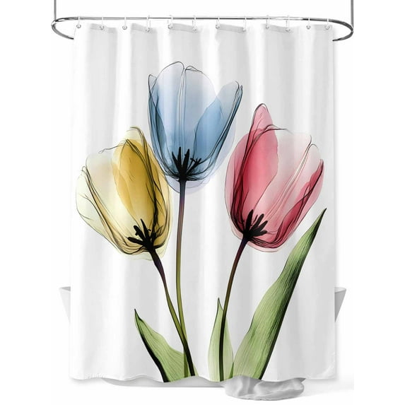 Red Yellow Blue Tulips Shower Curtain, Transparent Floral Botanical Flower Waterproof Shower Curtain Set with 12 Hooks Lightweight Washable Fabric Shower Curtains for Bathroom 72x84 Inches