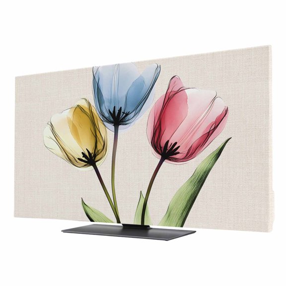 Red Yellow Blue Tulips TV Dust Cover 24 Inch, Transparent Floral Linen Retro Computer Monitor Cover Dustproof Stretchable Indoor TV Screen Protector for LED LCD Universal Monitors