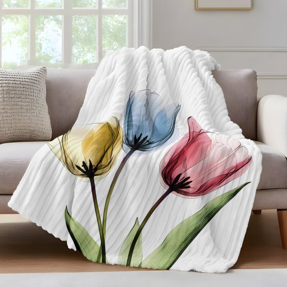 Red Yellow Blue Tulips Throw Blanket for Couch Transparent Floral Botanical Flower Soft and Warm Flannel 3D Striped Fluffy Fuzzy Fleece Blanket Lightweight Throw for Bed, Sofa 60 x 80 Inches