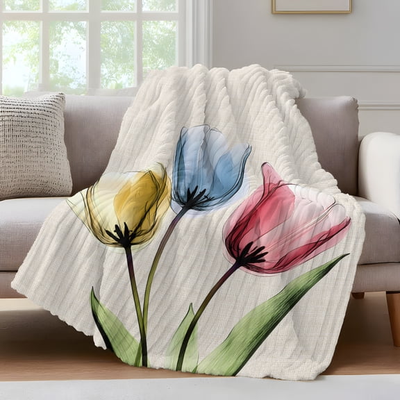 Red Yellow Blue Tulips Throw Blanket for Couch Transparent Floral Linen Retro Soft and Warm Flannel 3D Striped Fluffy Fuzzy Fleece Blanket Lightweight Throw for Bed, Sofa 30 x 40 Inches