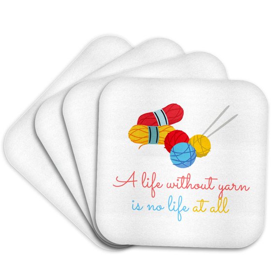 3drose, Red, Yellow, Blue Yarn, Knitting Pins. a Life Without Yarn Is No Life, Set of 4 Coasters - Soft
