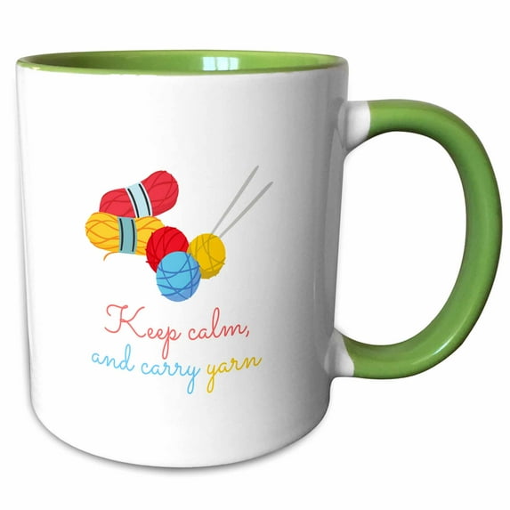 3drose, Red, Yellow, Blue Yarn, Knitting Pins. Keep Calm, and Carry Yarn, 11oz Two-tone Green Mug