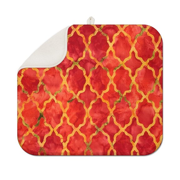Red Yellow Checkered Pattern Dish Drying Mat for Kitchen 1 Pack, Ultra Absorbent Microfiber Dishes Drainer Mats,16"x18"
