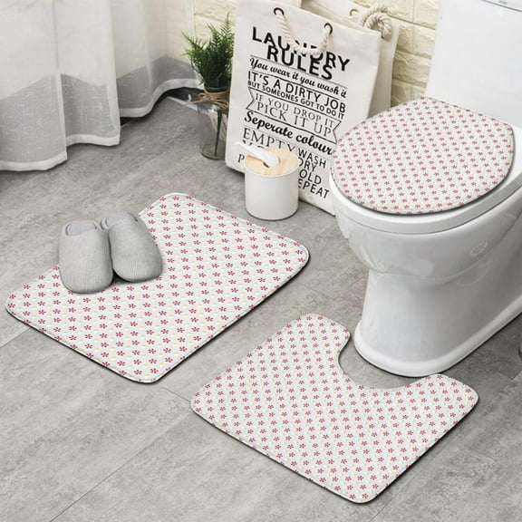 Red and Yellow Christmas Pattern Bathroom Rugs Sets 3 Piece,Toilet Cover Set,Absorbent Non Slip Bathroom Mats Sets with U-Shaped Contour Rug Toilet Rug Set
