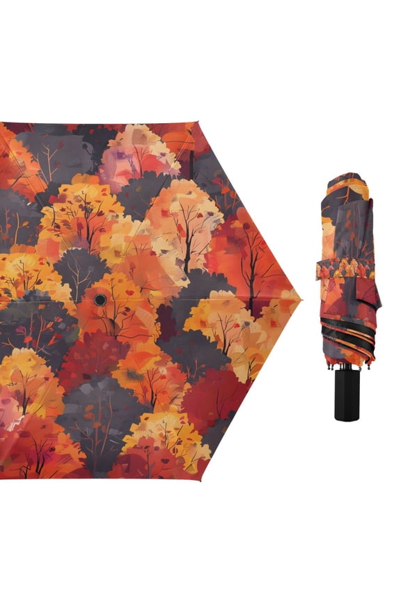 Red Yellow Darkslategray Trees Forest Compact Sun Umbrella Windproof Travel Umbrellas for Rain Strong Portable UV Protection