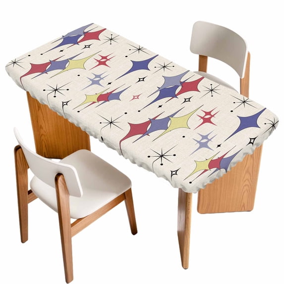 Red Yellow Diamond Table Cloths for 3 Foot Rectangle Tables, Modern Geometric Middle Century Beige Patio Waterproof Elastic Fitted Tablecloths, Washable Rectangular Table Cover for Camping