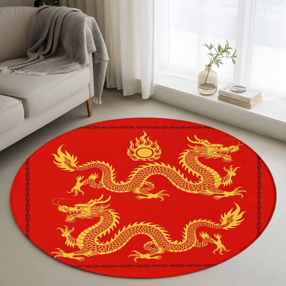 Red Yellow Dragon 3ft Area Rug, Happy New Year Washable Non-Slip Small Round Rugs for Entryway Bedroom Kitchen, Soft Circle Carpet for Dining Room, Playroom Nursery Rug